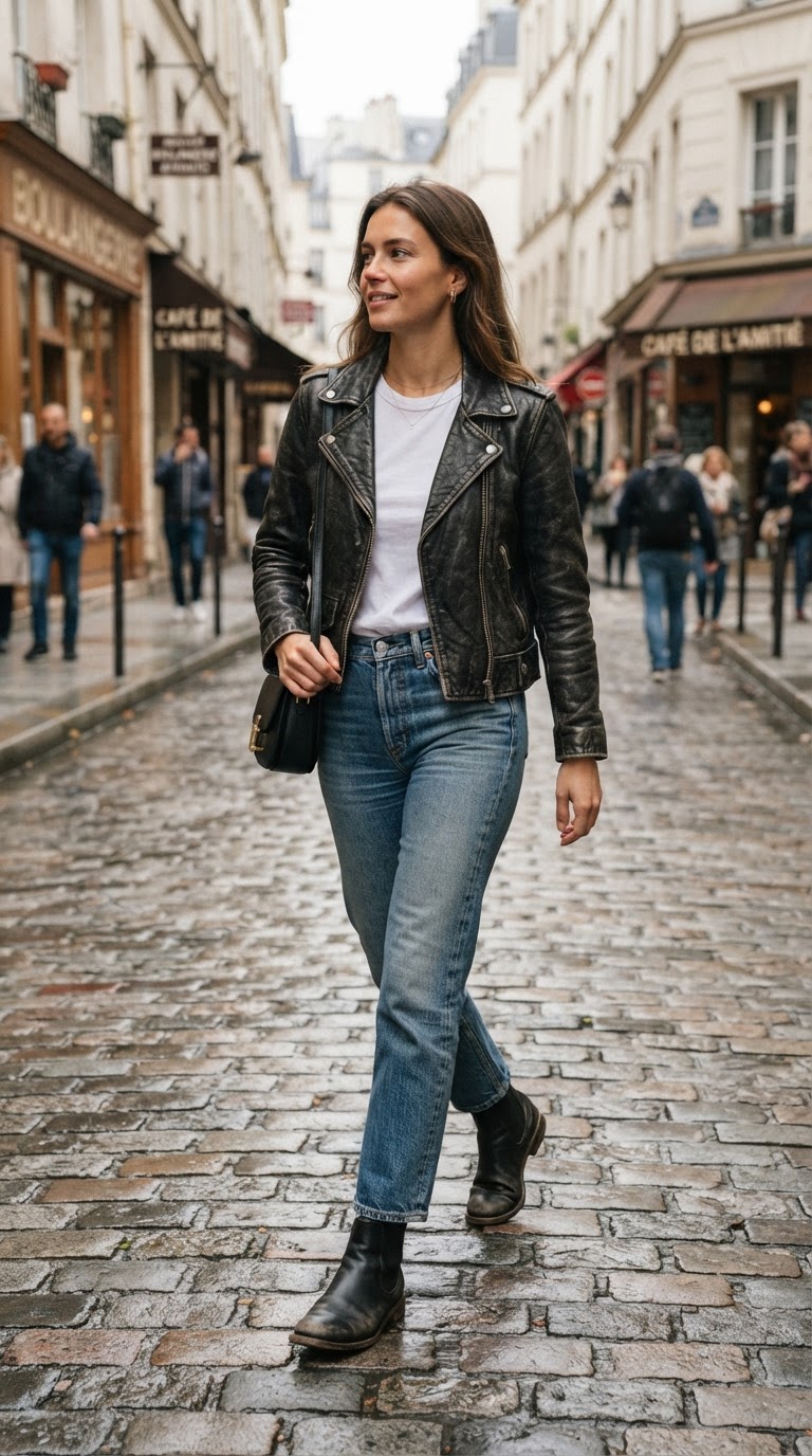 Blue washed jeans outfit idea — Leather Jacket Edge