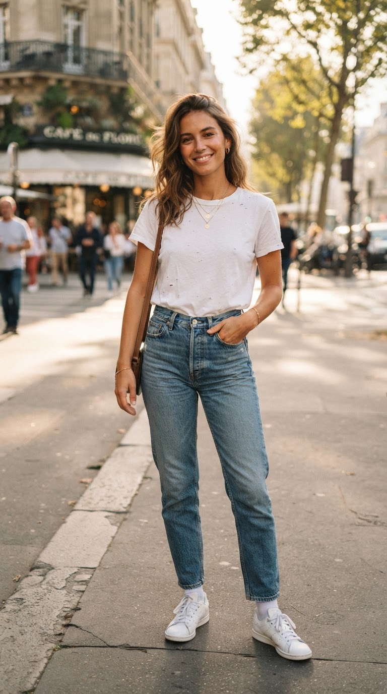 Blue washed jeans outfit idea — The Classic White Tee and Jeans