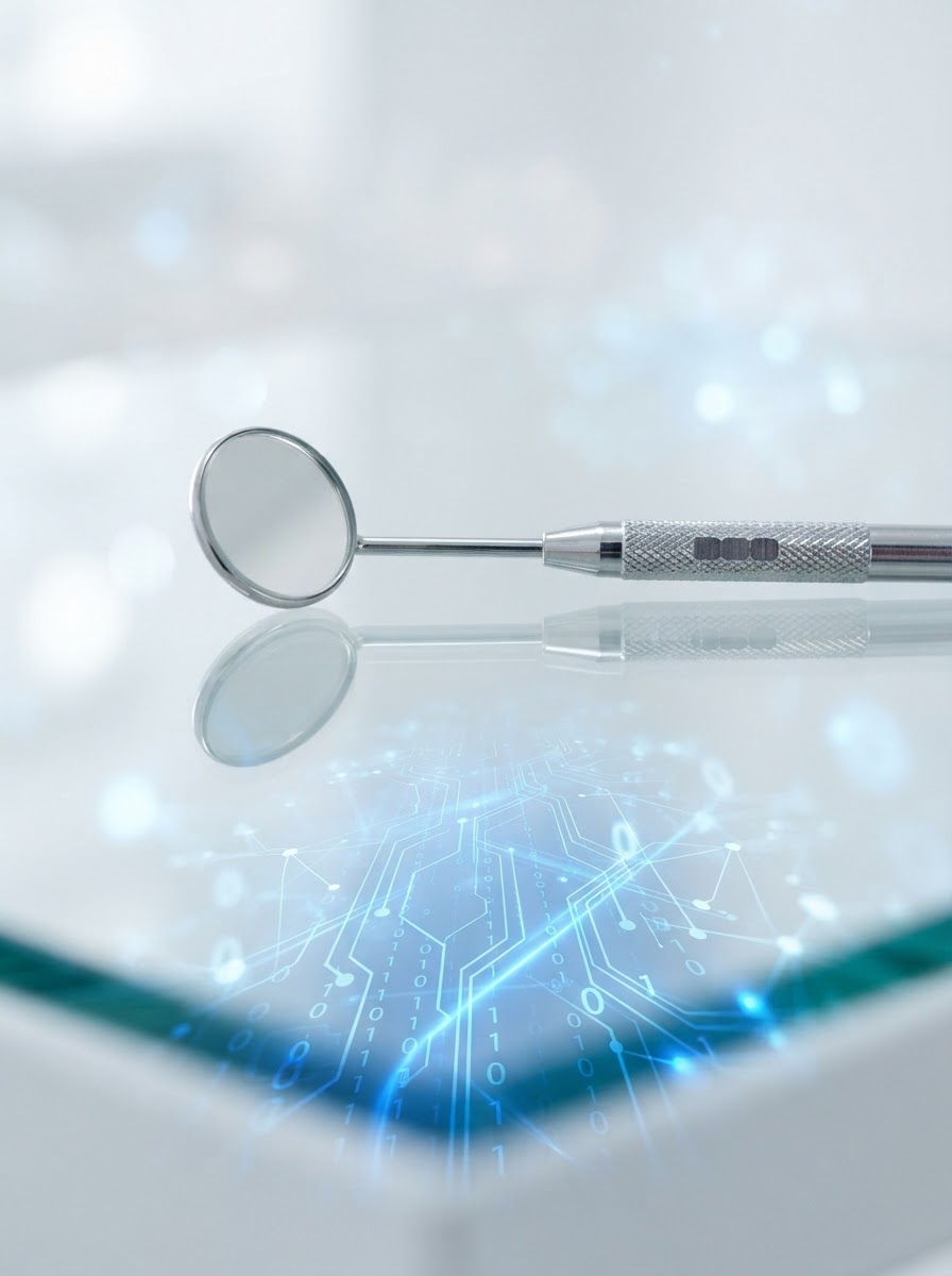 Instrumento dental reflejado en superficie de cristal con flujos de datos digitales