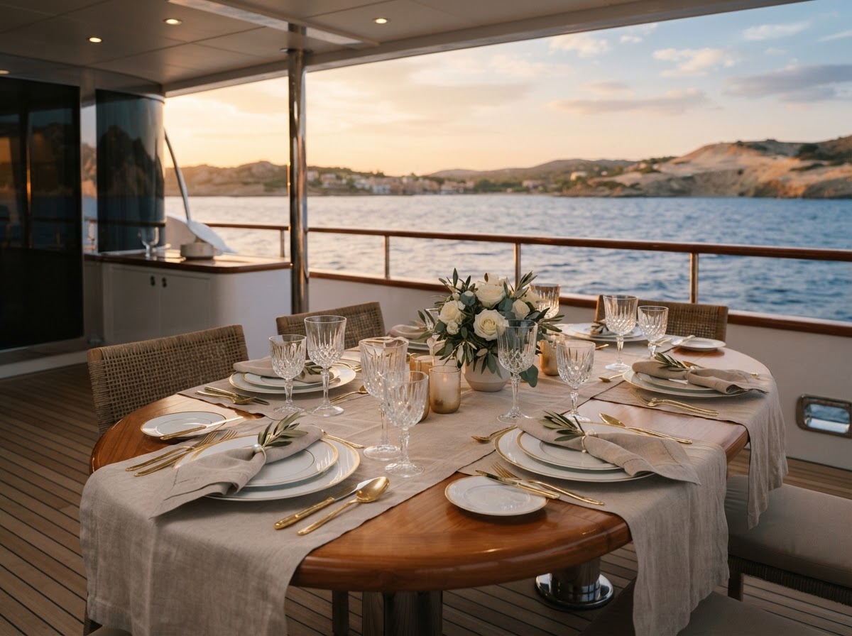Table dressée sur le pont en teck d'un yacht au coucher du soleil