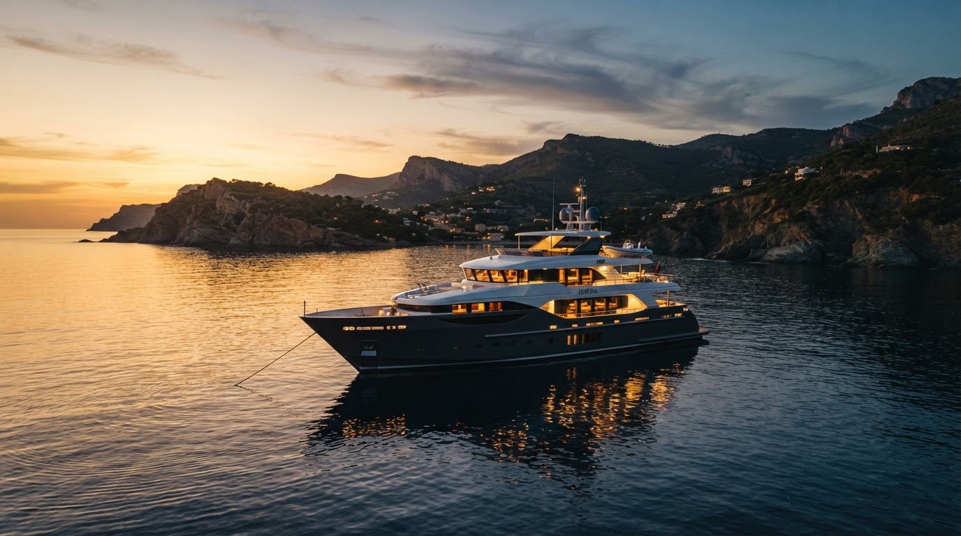 Yacht privé au mouillage dans la lumière dorée du soir en Méditerranée