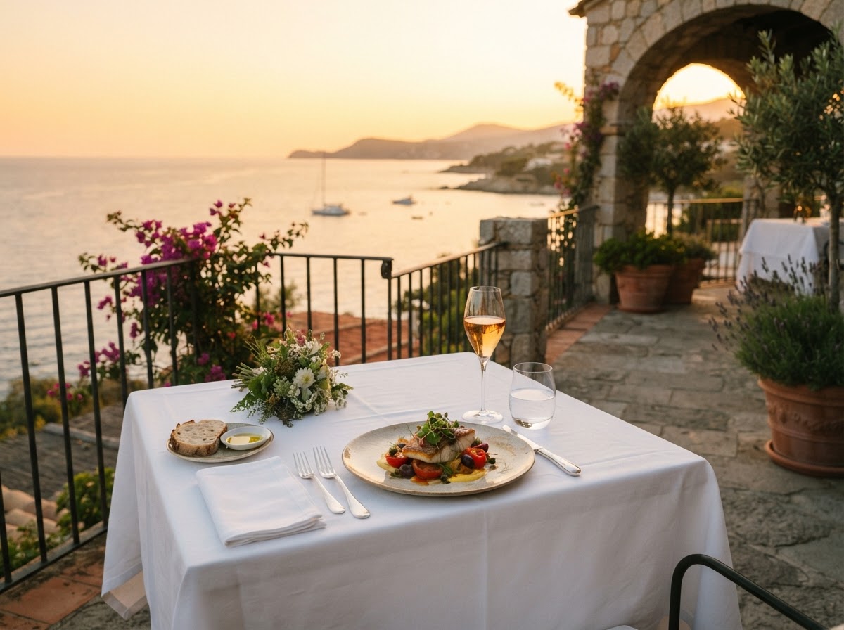 Table gastronomique d'un restaurant partenaire face à la mer