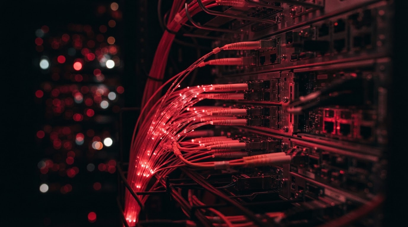 Glowing fiber optics and servers in red light