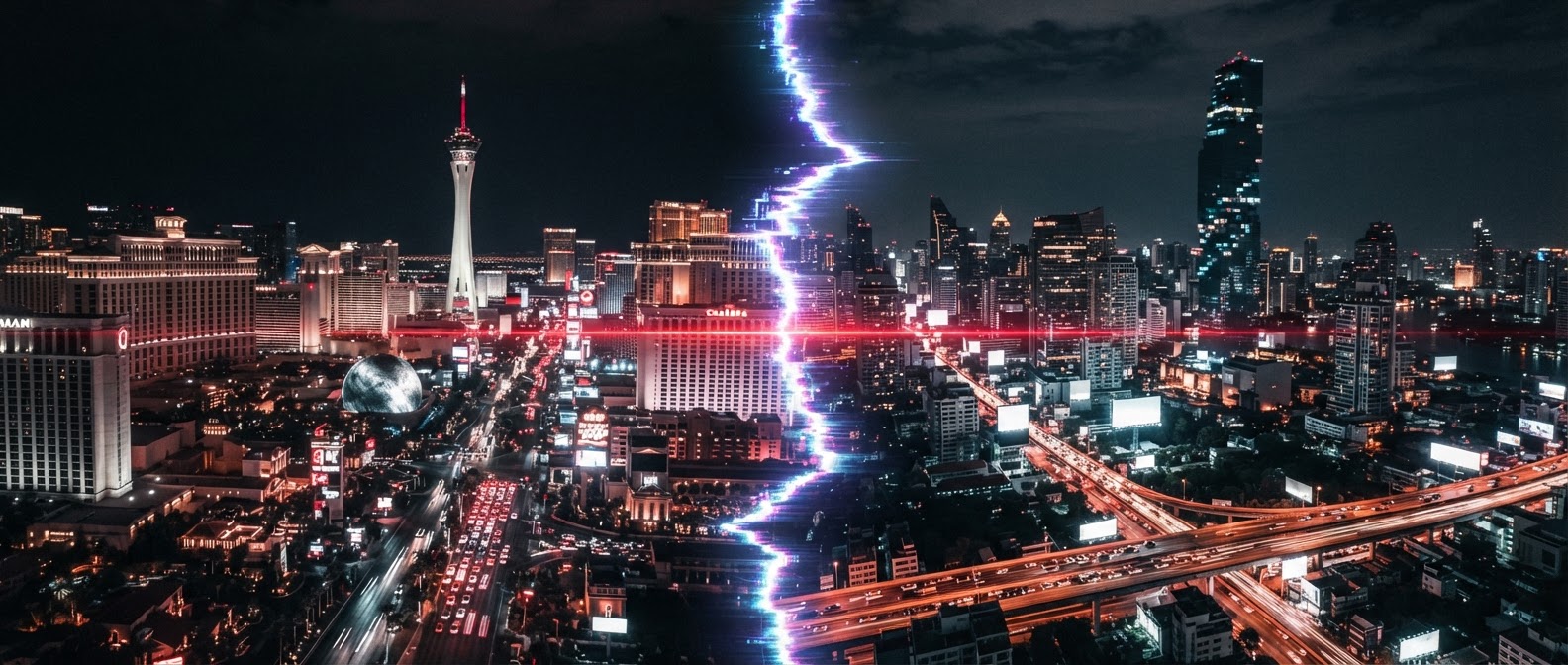 Las Vegas and an Asian megacity skyline connected by a glowing red bridge of light