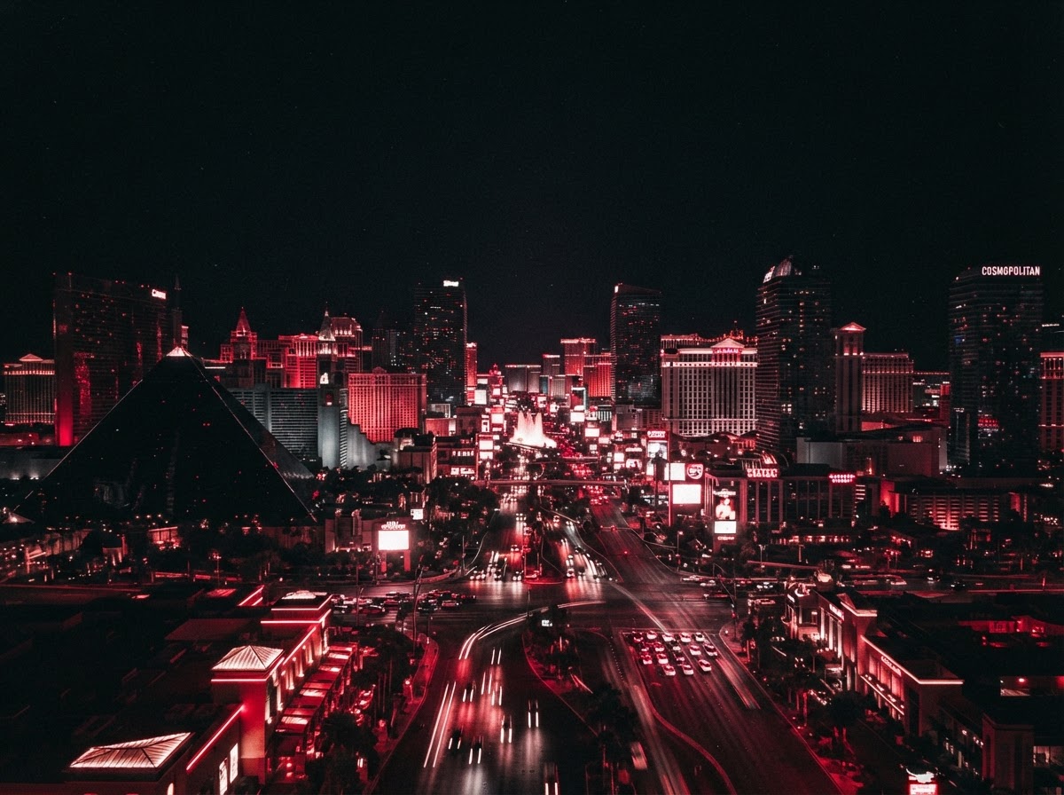 Las Vegas strip at night with red neon lighting