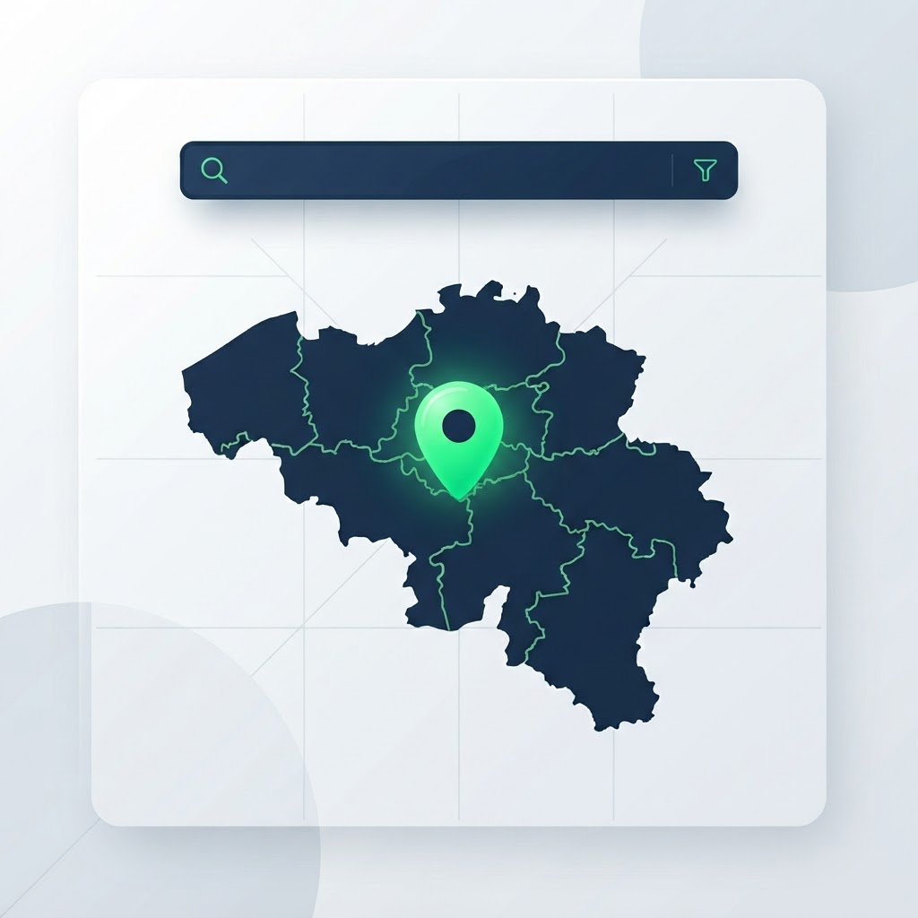 Illustratie van lokale SEO voor een MKB-bedrijf in België met zoekresultaten op een landkaart