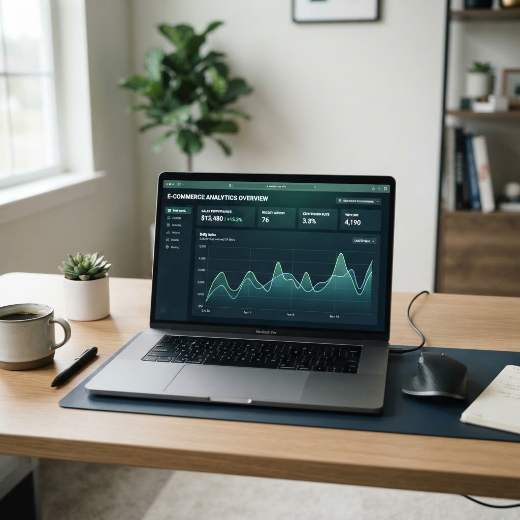 Een ondernemer analyseert e-commerce data en Shopify SEO-statistieken op een laptop.