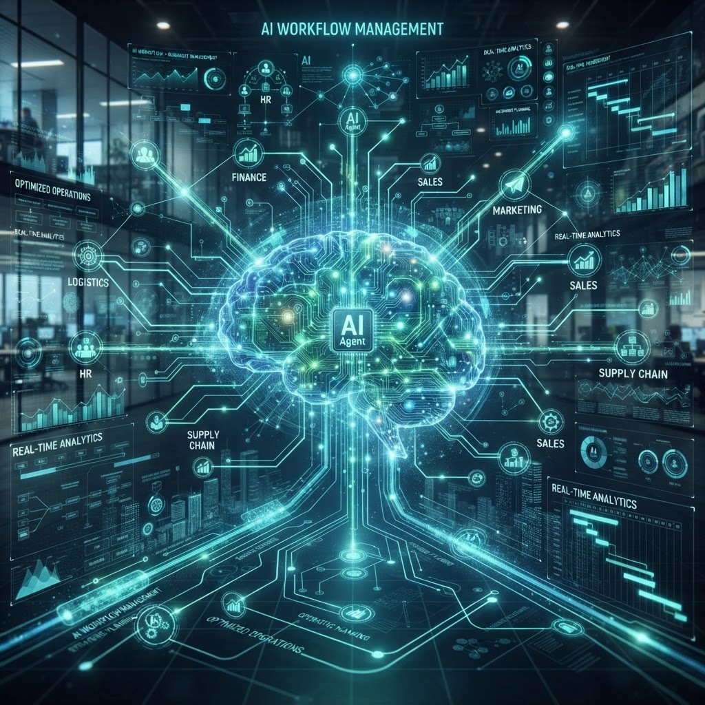 Een abstracte weergave van een AI agent die als digitale assistent bedrijfsdata analyseert en workflows verwerkt