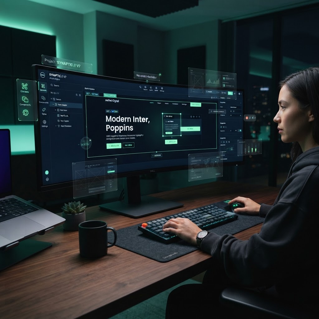 Screenshot concept van de vernieuwde donkere interface van de Wix Studio 2 editor met Aria AI panelen
