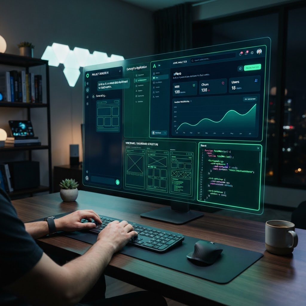 Interface visualisatie van de Base44 AI no-code app builder voor webdevelopment