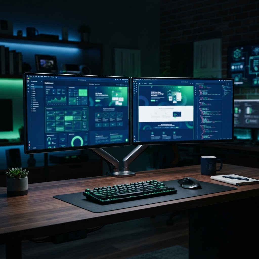 Vergelijking van de interfaces van Webflow en Wix Studio op moderne beeldschermen