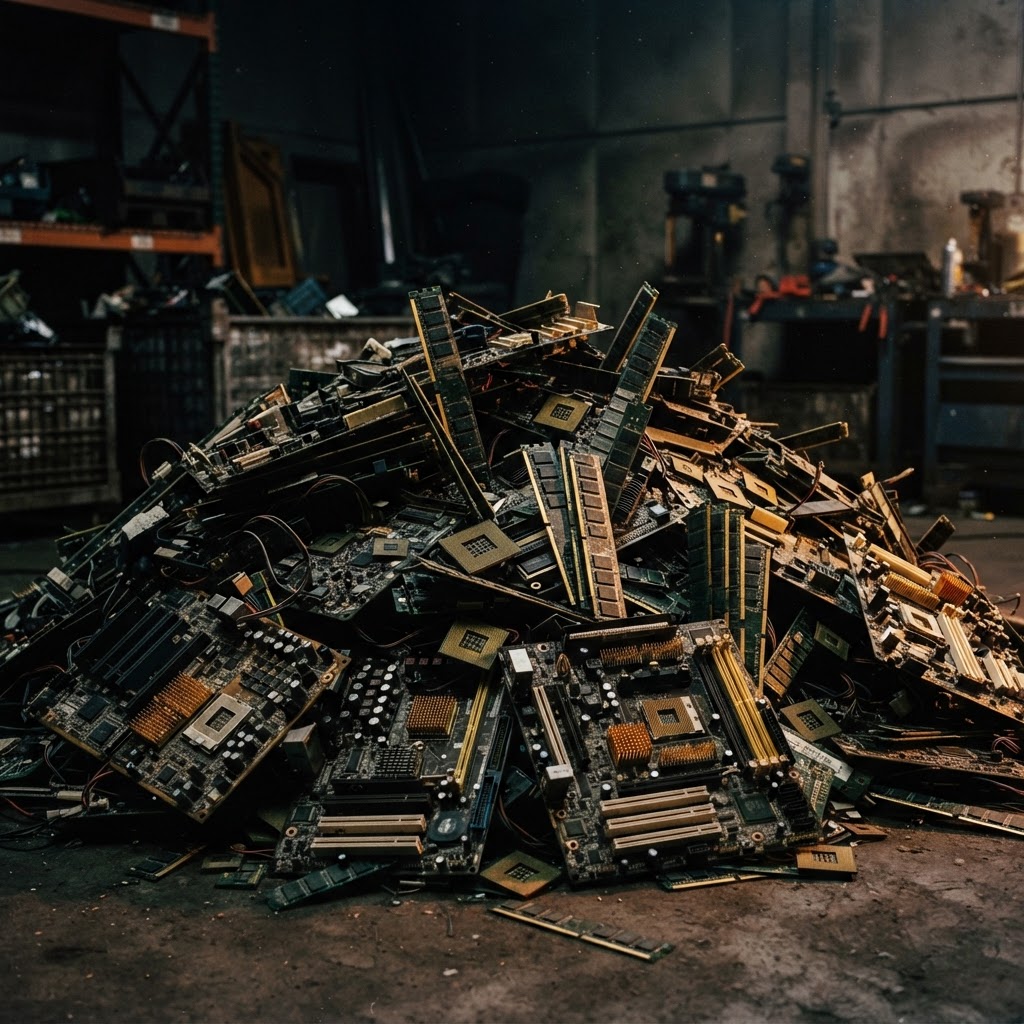 Decommissioned computer scrap awaiting gold recovery