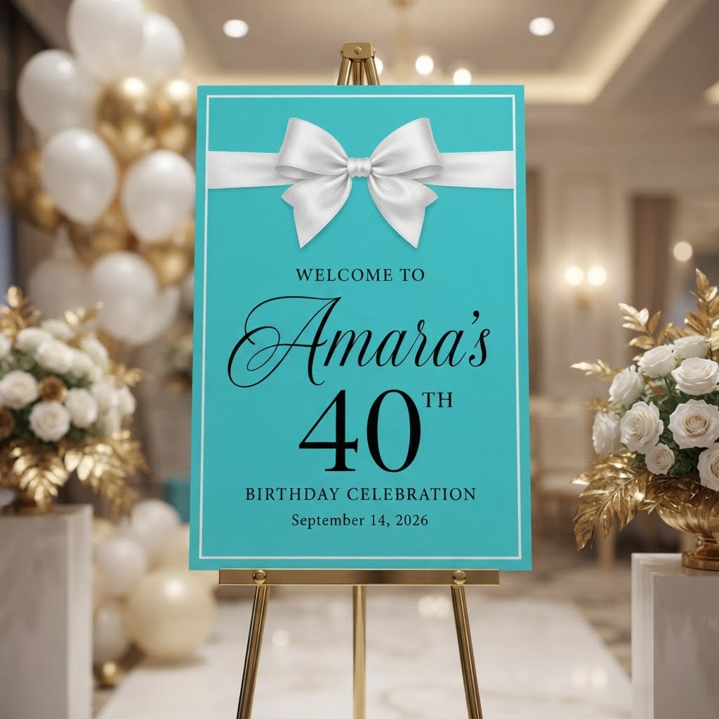 Personalised Welcome Board — Tiffany Blue Gift Bow 40th Birthday (Amara)