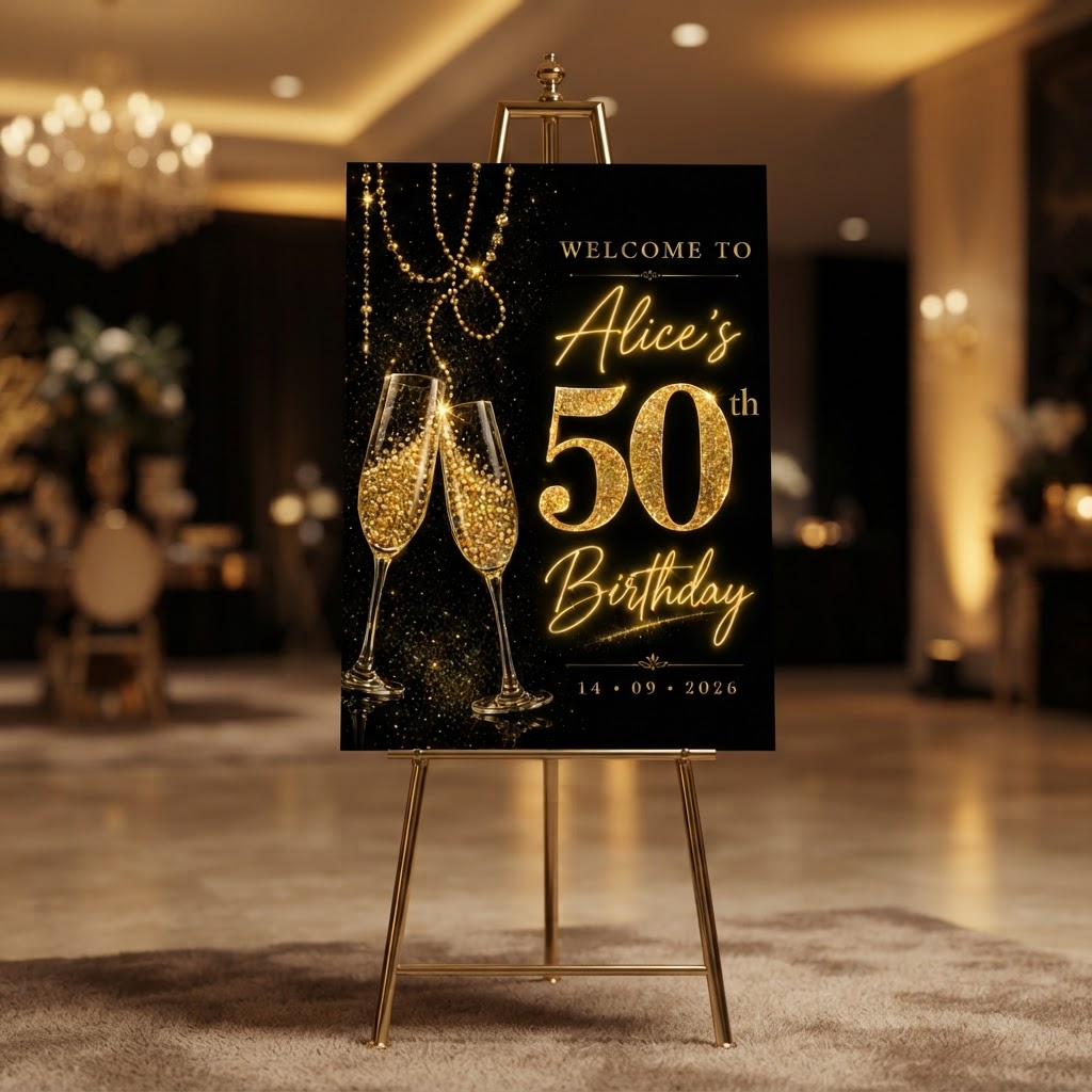 Personalised Welcome Board Sign — Black & Gold Champagne Luxury (50th Birthday)