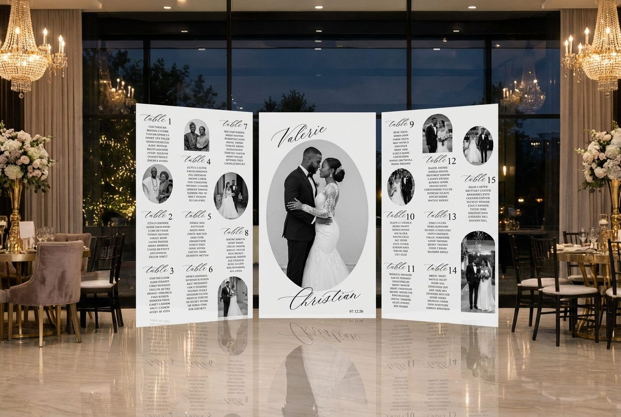 Triple Panel Wedding Seating Chart Backdrop — Editorial Vogue Style UK
