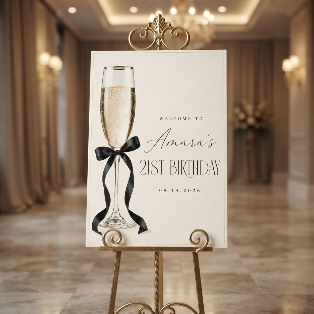 Personalised Welcome Board Sign — Elegant Champagne & Bow (21st Birthday)