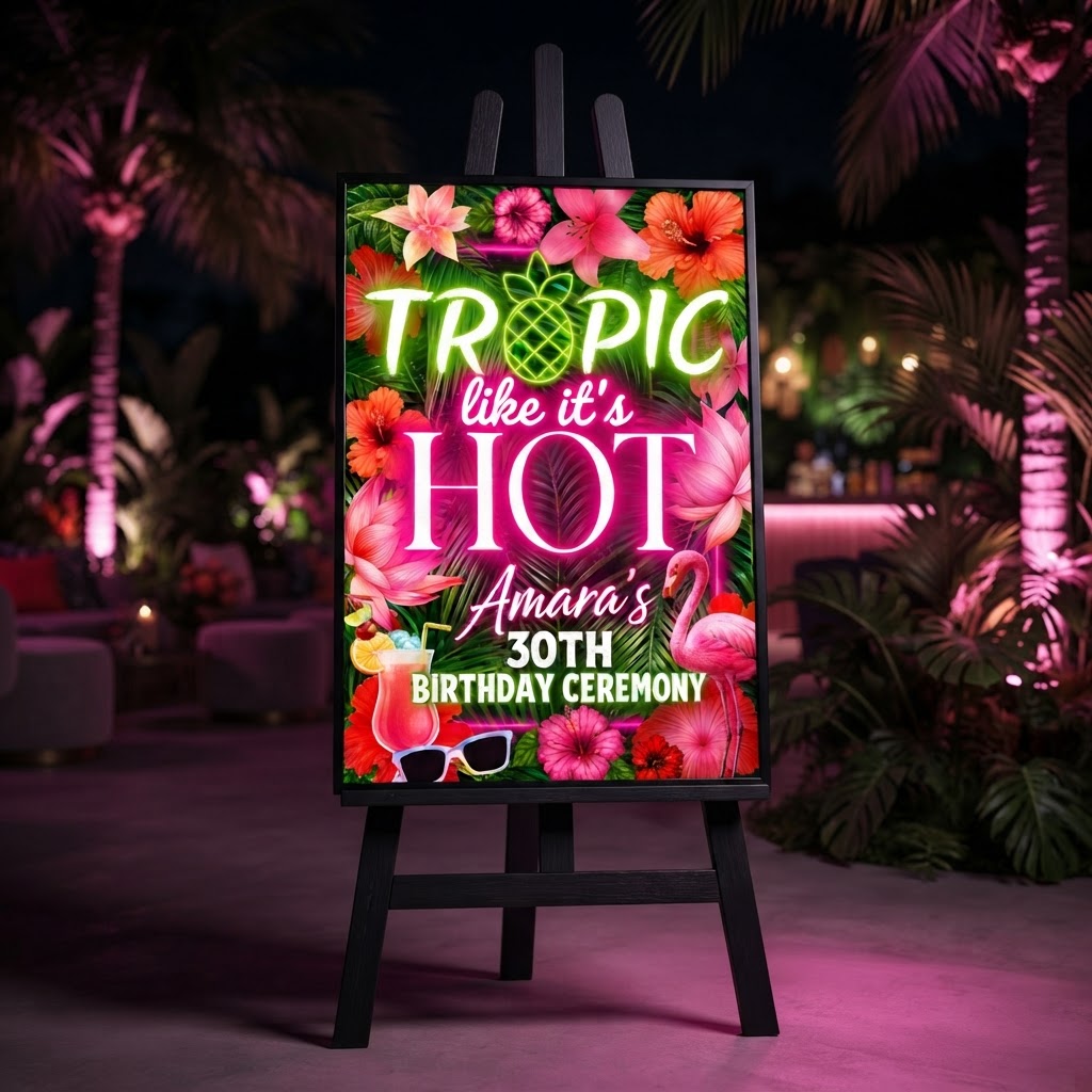Personalised Welcome Board Sign — Tropic Like It's Hot (Neon Tropical)