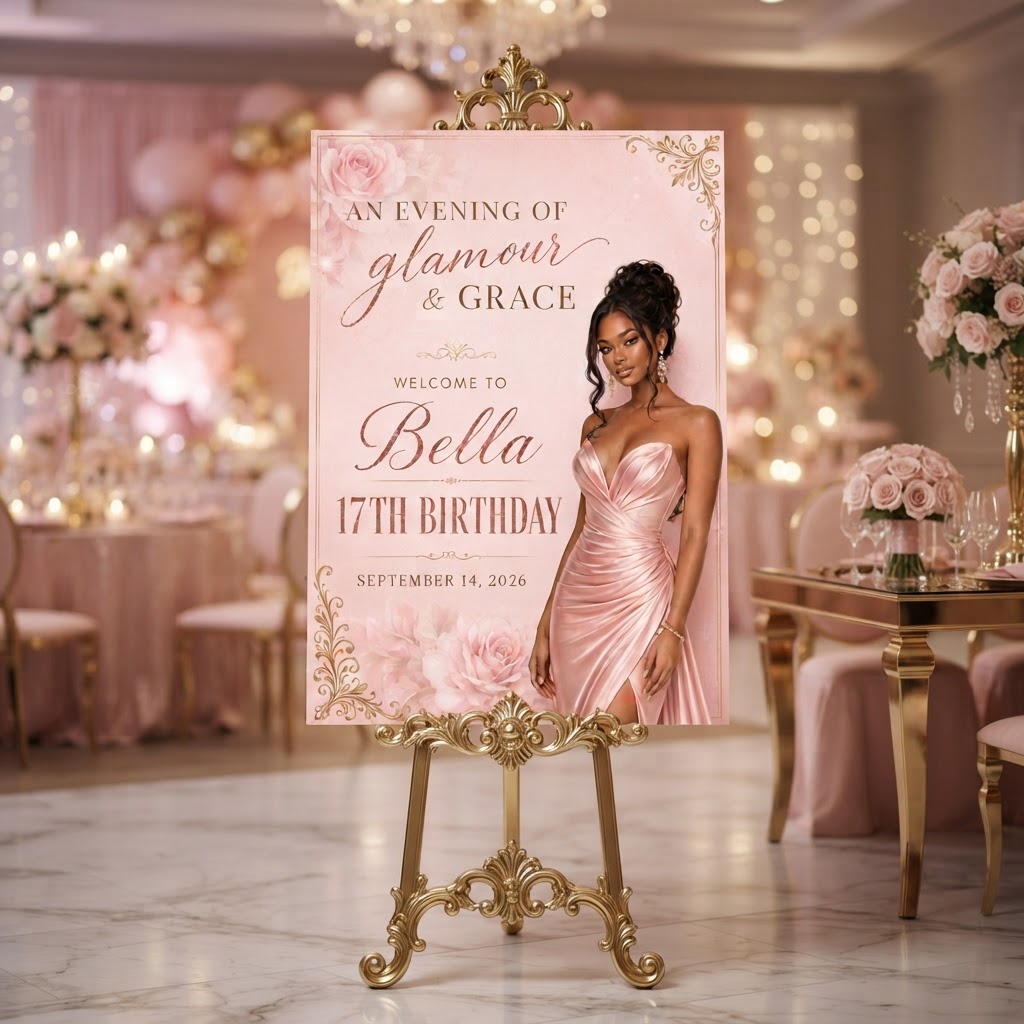 Personalised Welcome Board — Glamour & Grace Pink 17th Birthday (Bella)