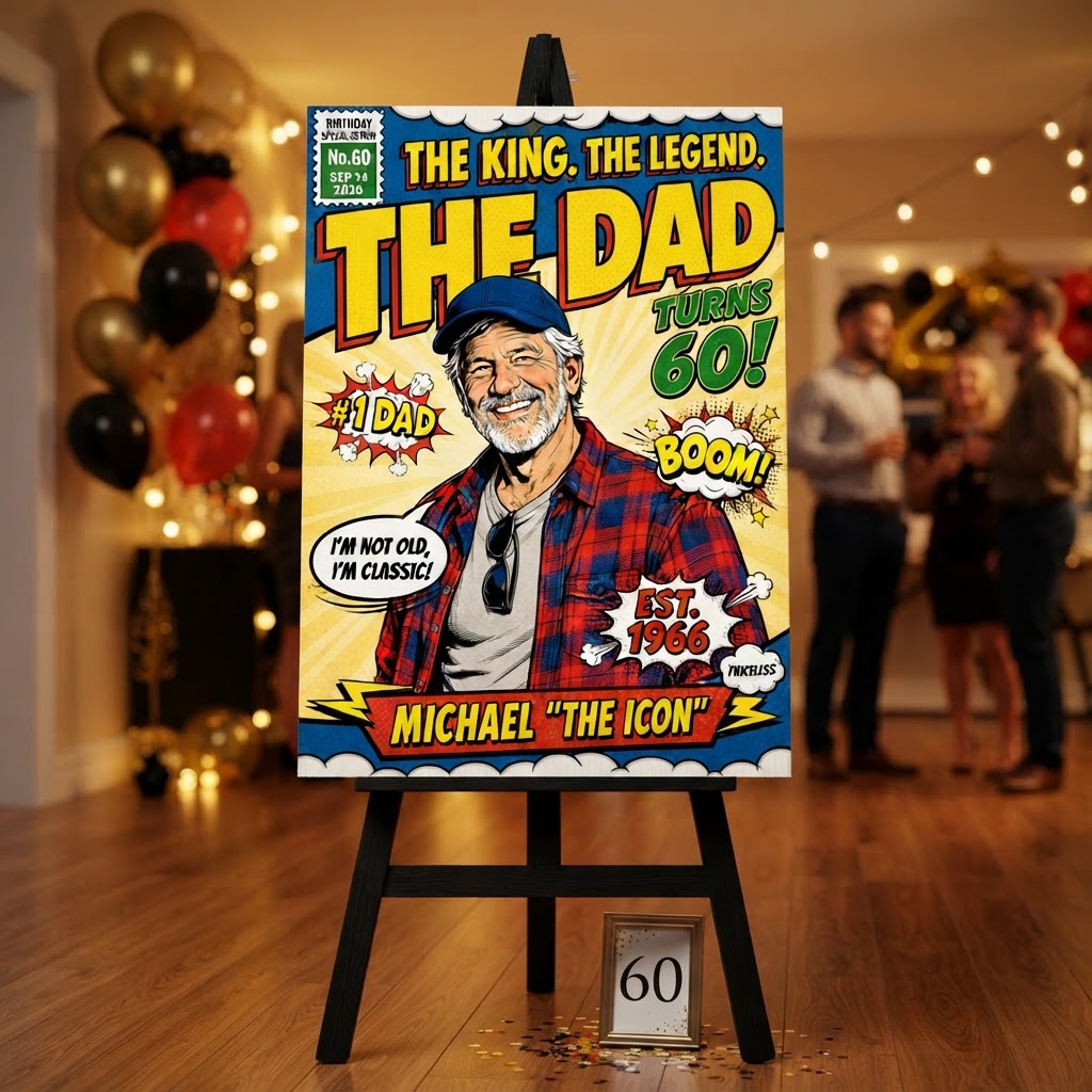 Personalised Welcome Board — 'The Dad' Comic Book 60th Birthday (Michael The Icon)
