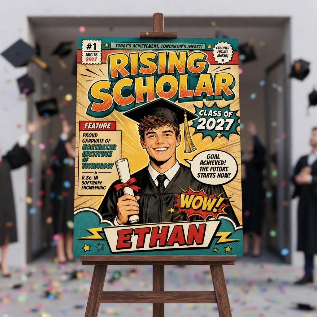 Personalised Welcome Board — 'Rising Scholar' Comic Book Graduation (Ethan)