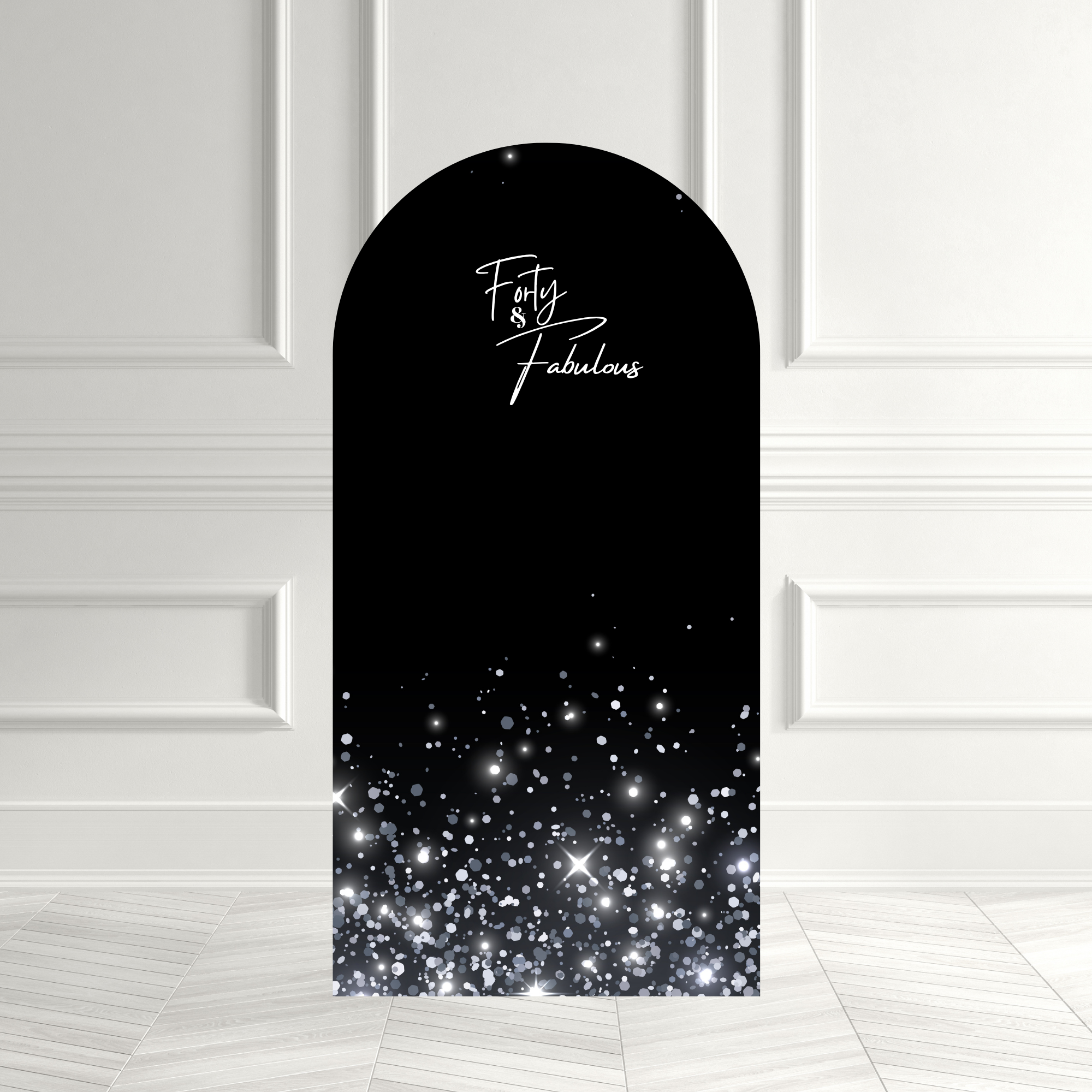 Forty & Fabulous Glitter Arch Backdrop — Black Silver Milestone UK
