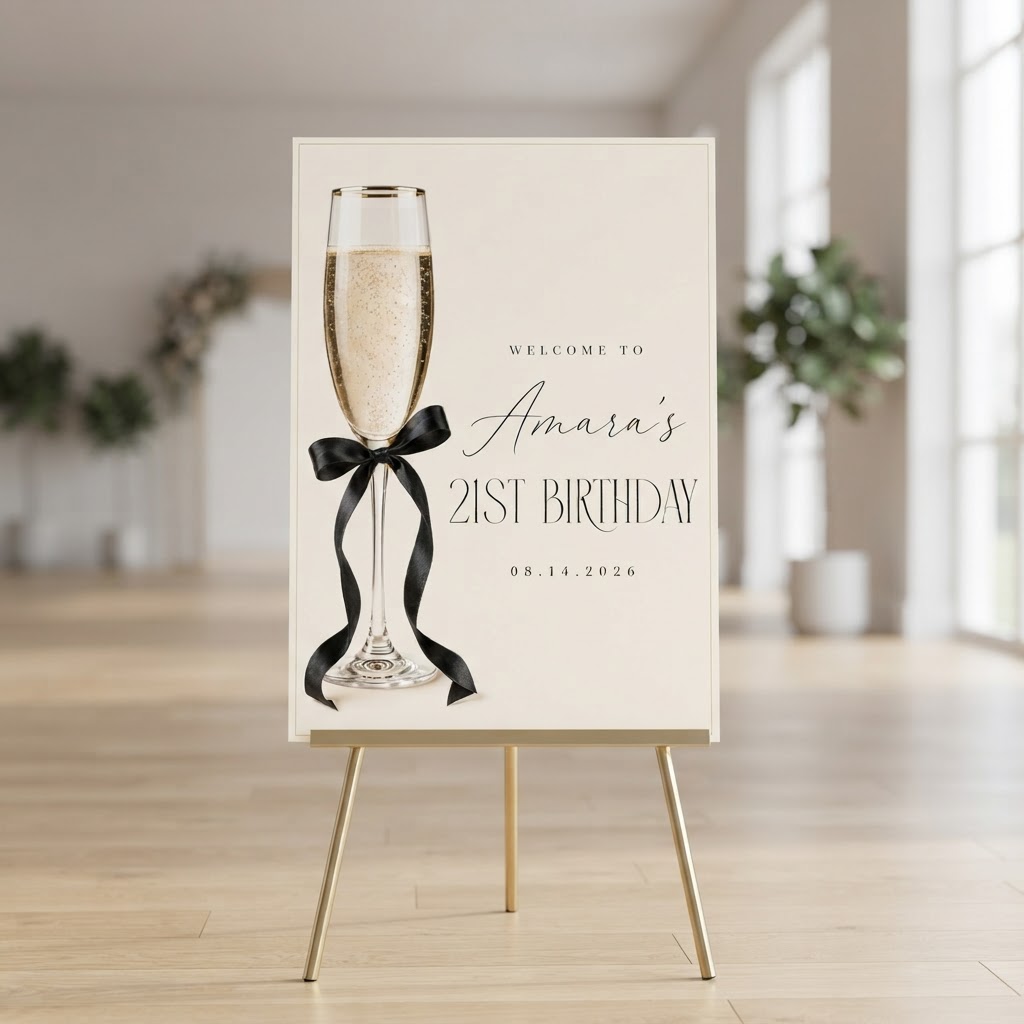 Personalised Welcome Board Sign — Minimalist Champagne & Bow (21st Birthday)