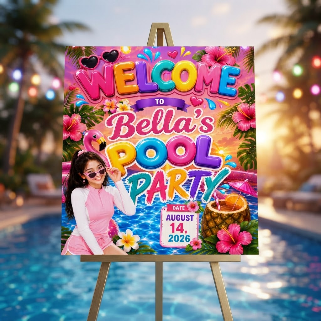 Personalised Welcome Board — Tropical Pool Party (Bella)