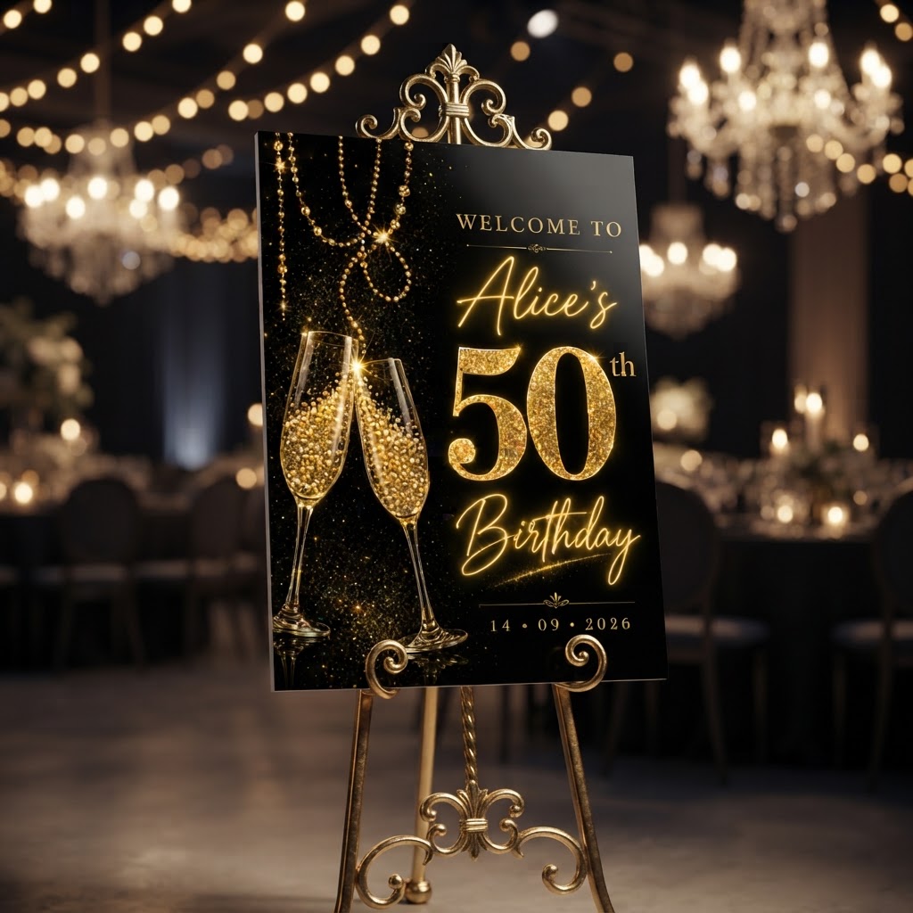 Personalised Welcome Board Sign — Black & Gold Luxury (50th Birthday)