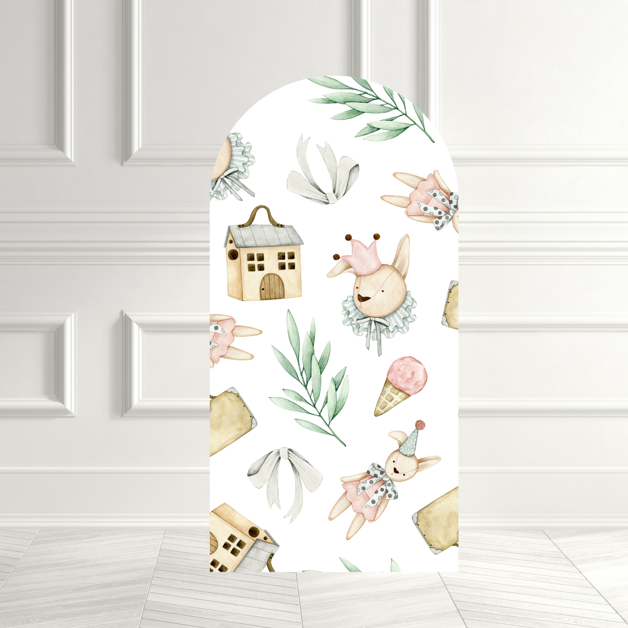 Watercolour Bunny Arch Backdrop — Pastel Kids Party UK