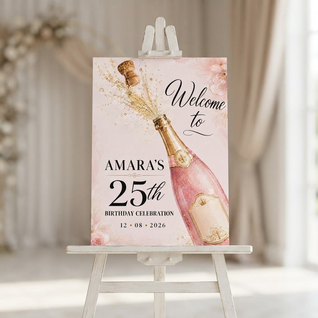 Personalised Welcome Board Sign — Champagne Bottle & Flowers (25th Birthday)
