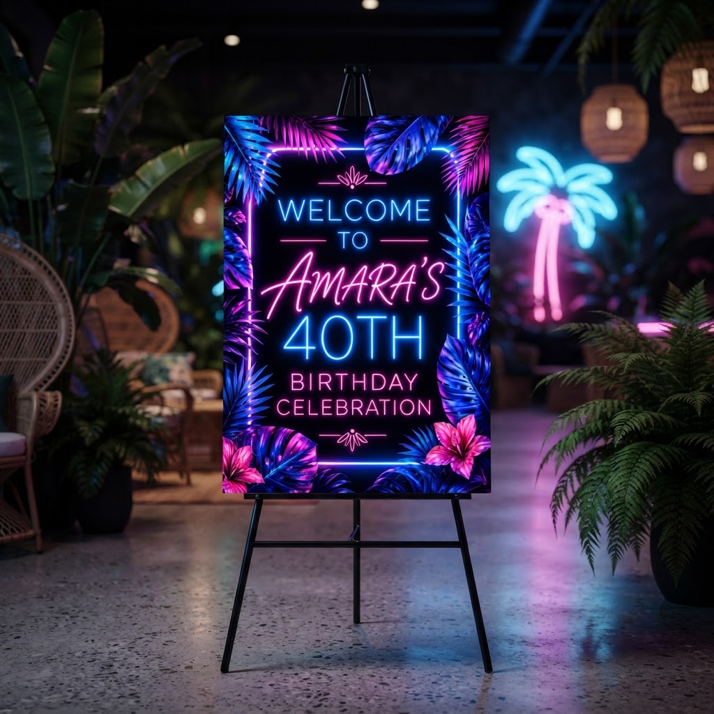 Personalised Welcome Board Sign — Neon Tropical Celebration (40th Birthday)