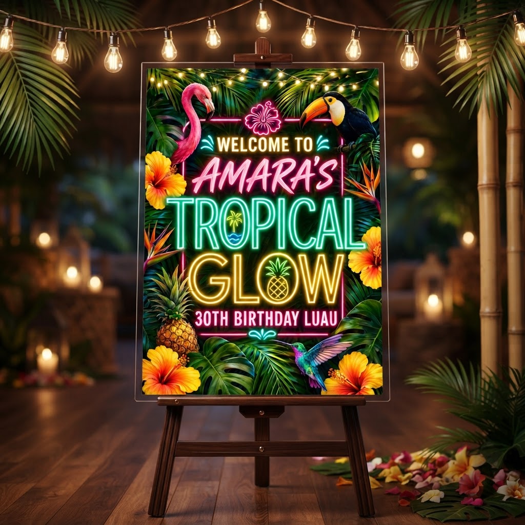 Personalised Welcome Board Sign — Tropical Glow (Neon Luau)