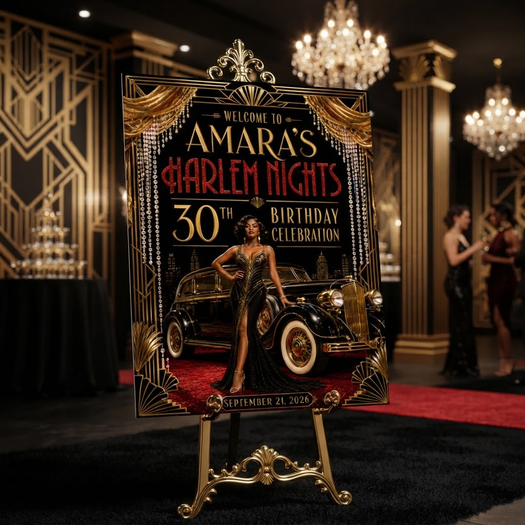 Personalised Welcome Board — Harlem Nights Art Deco 30th Birthday (Amara)