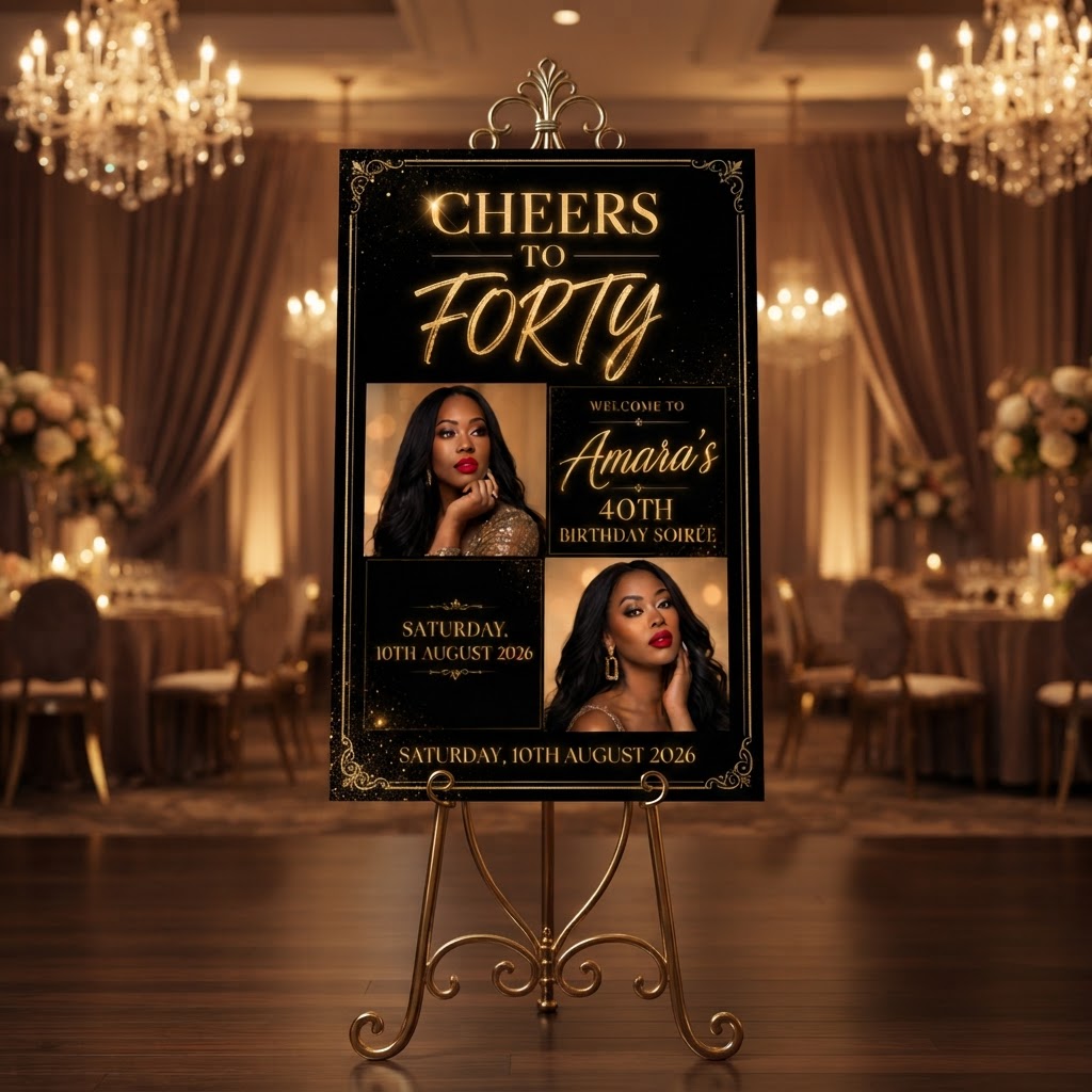 Personalised Welcome Board Sign — Birthday Soirée (Portrait Grid, Gold Glitter)