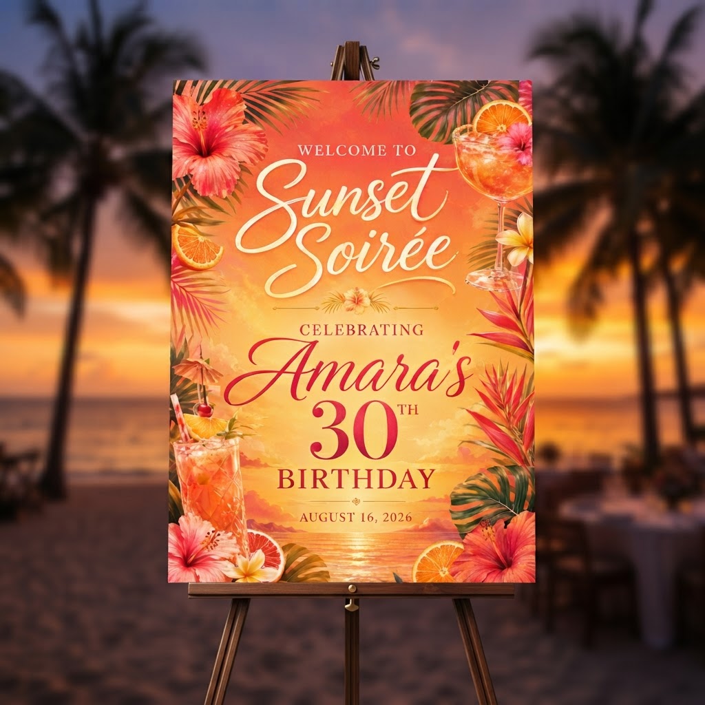 Personalised Welcome Board — Sunset Soirée Tropical 30th Birthday (Amara)