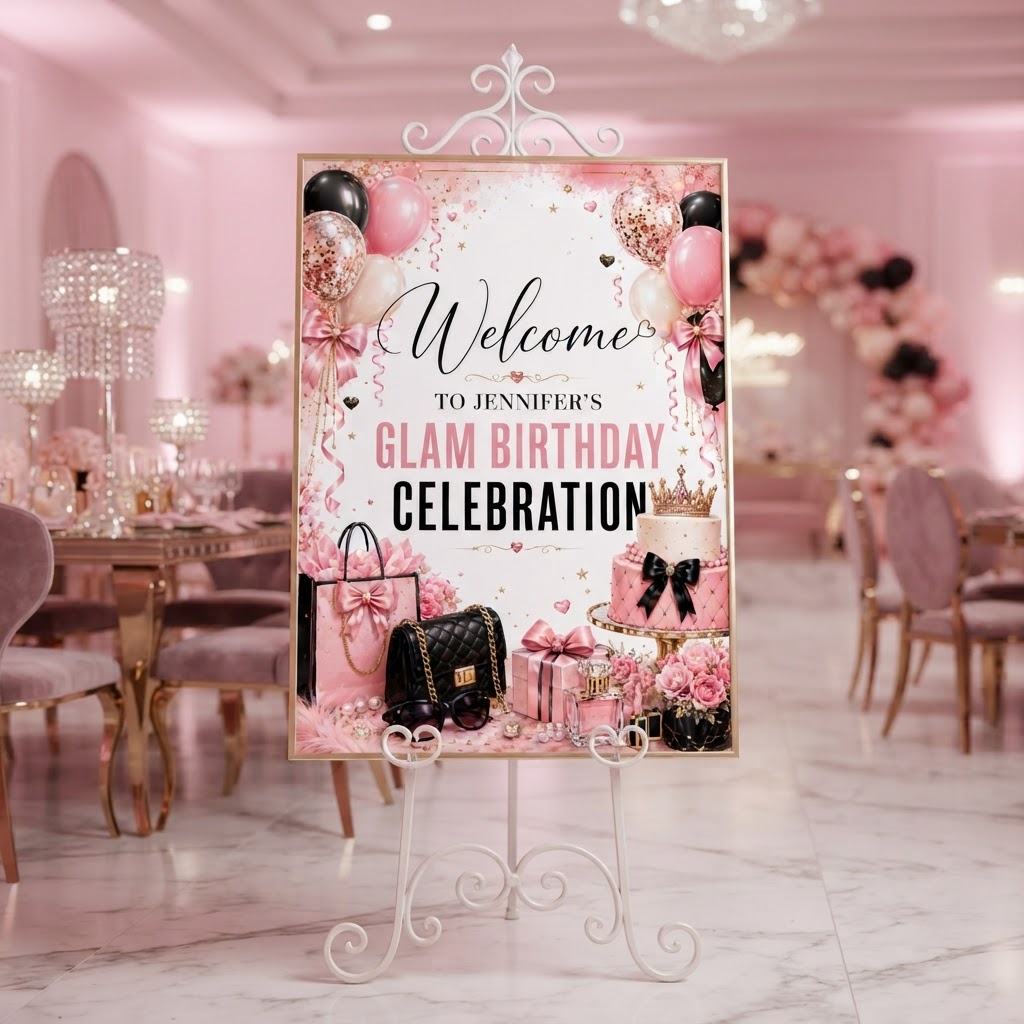 Personalised Welcome Board Sign — Glam Birthday Celebration (Fashion & Cake)