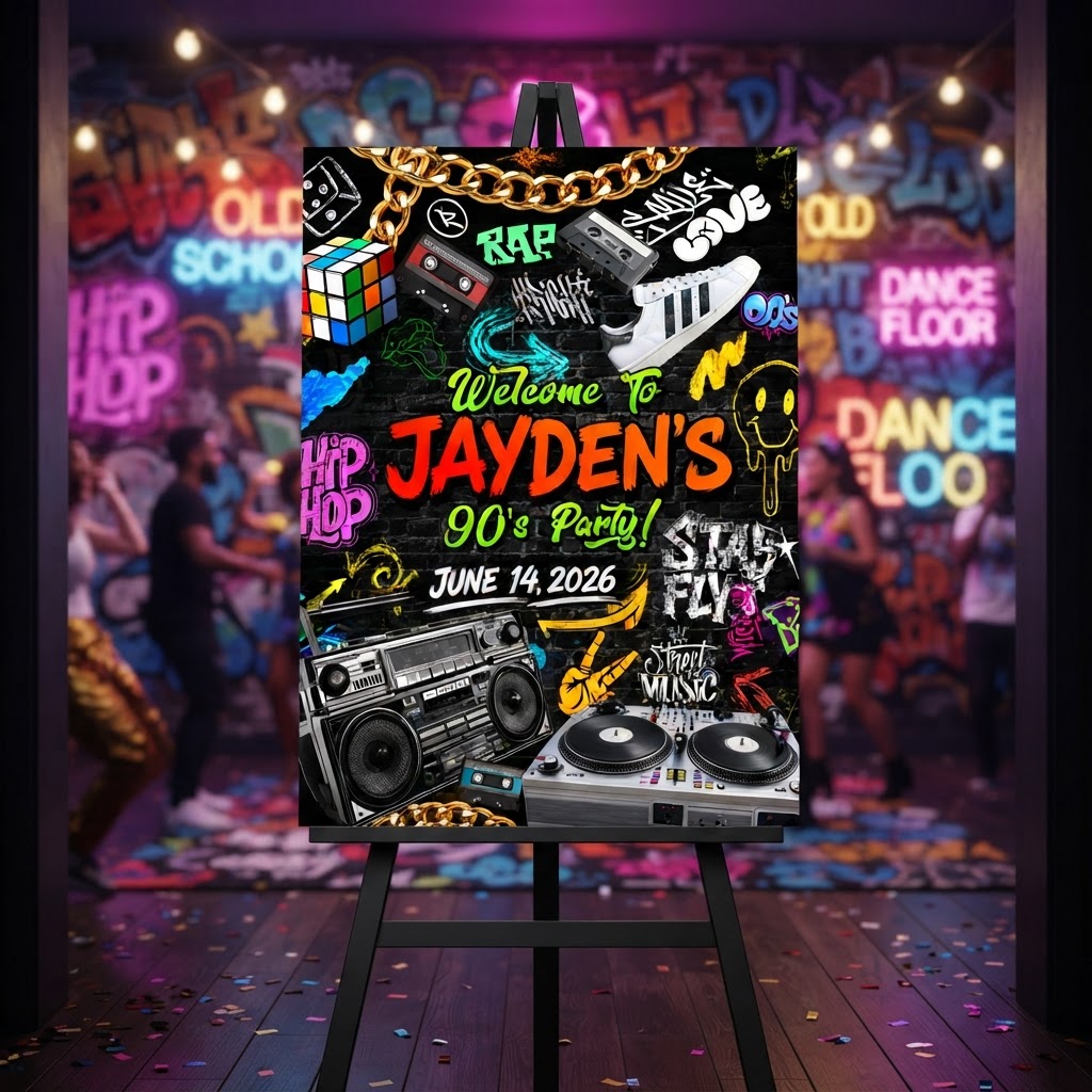 Personalised Welcome Board — 90's Hip-Hop Graffiti Party (Jayden)