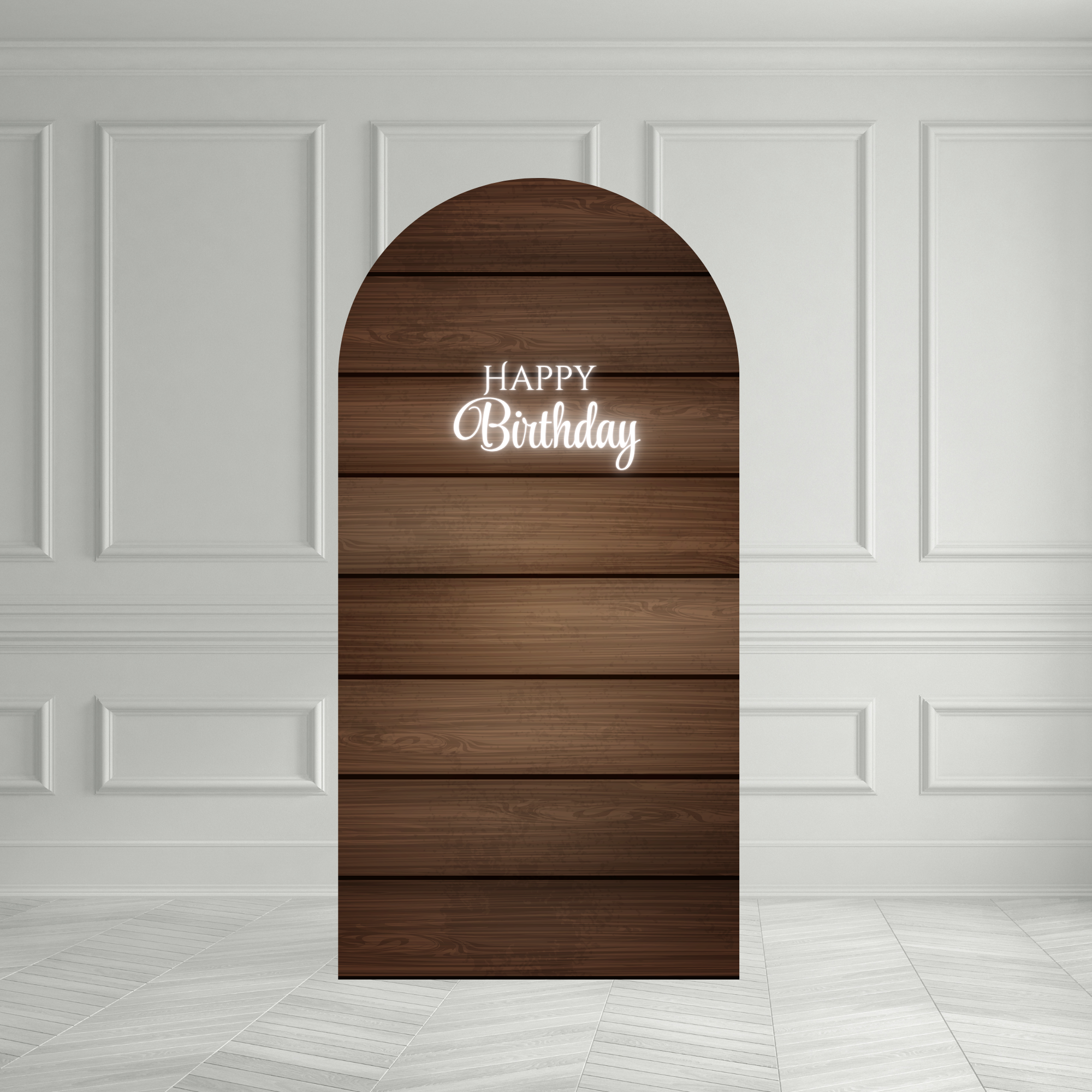 Wood Panel Arch Backdrop — Neon Happy Birthday UK