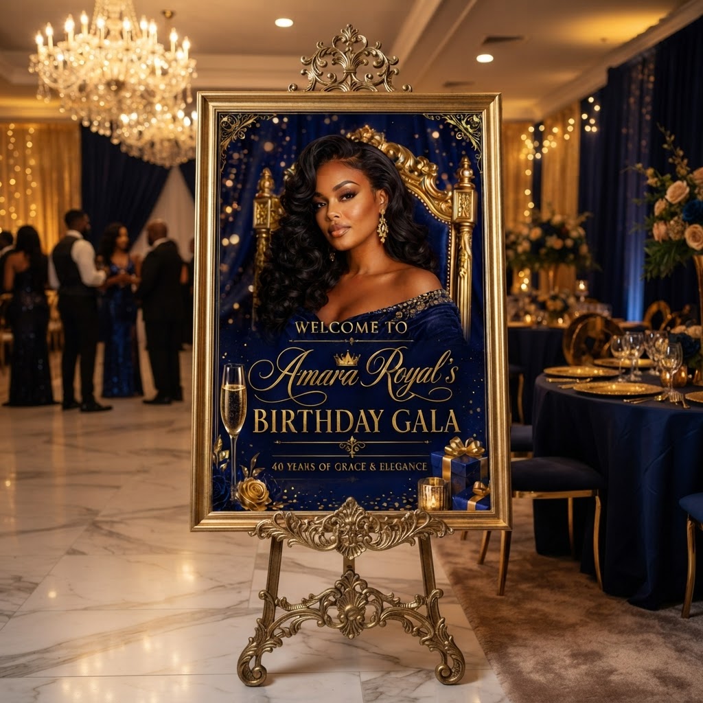 Personalised Welcome Board Sign — Royal Birthday Gala (Blue & Gold Throne)