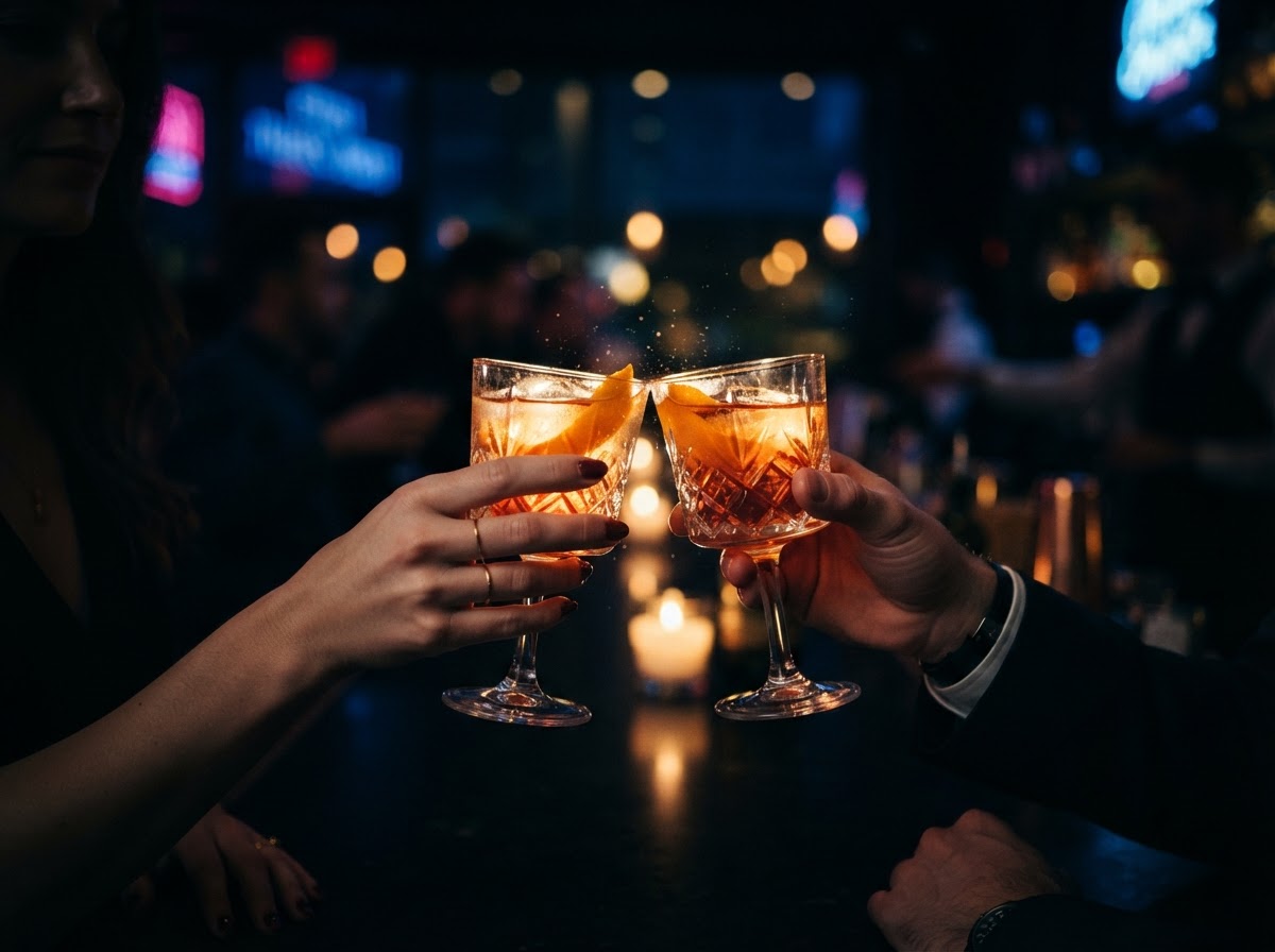 Two cocktail glasses clinking in warm amber bar lighting