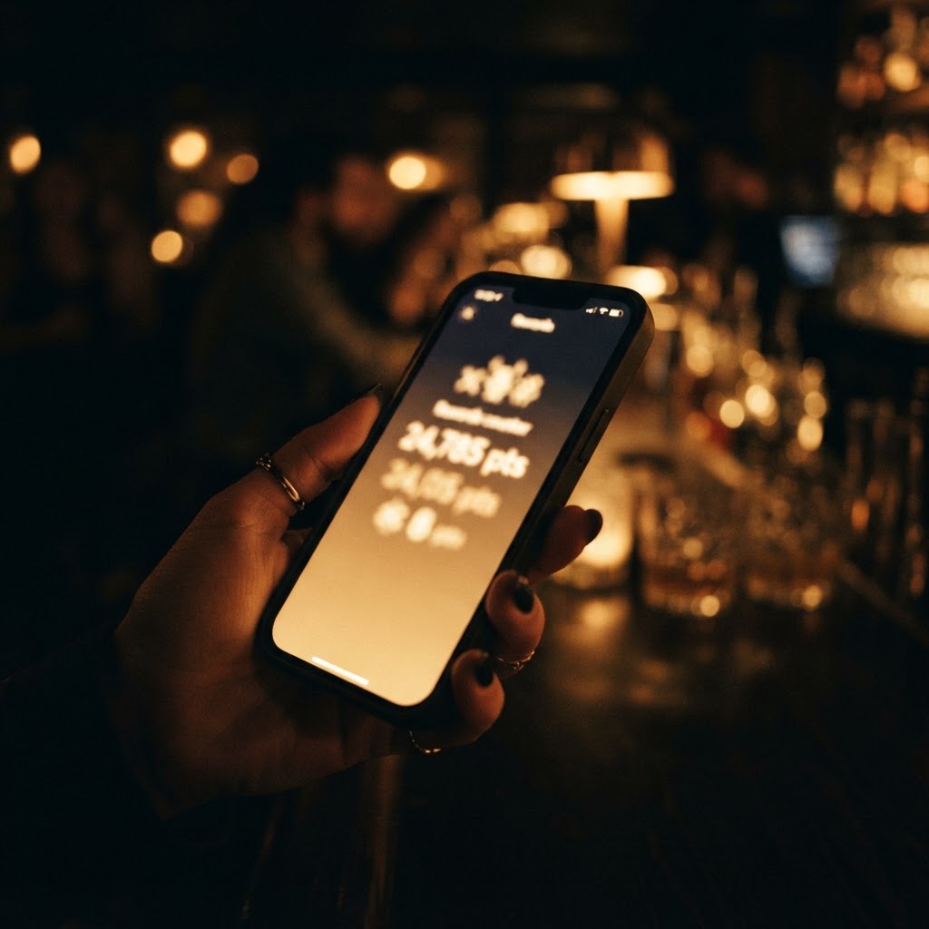Smartphone glowing with golden rewards light in a moody bar setting