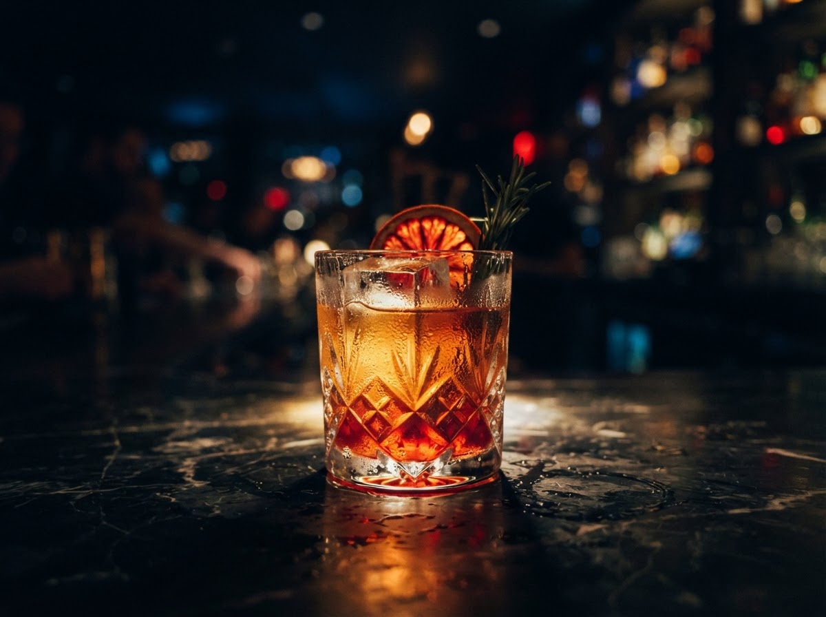 Craft cocktail glowing amber on a dark marble bar surface