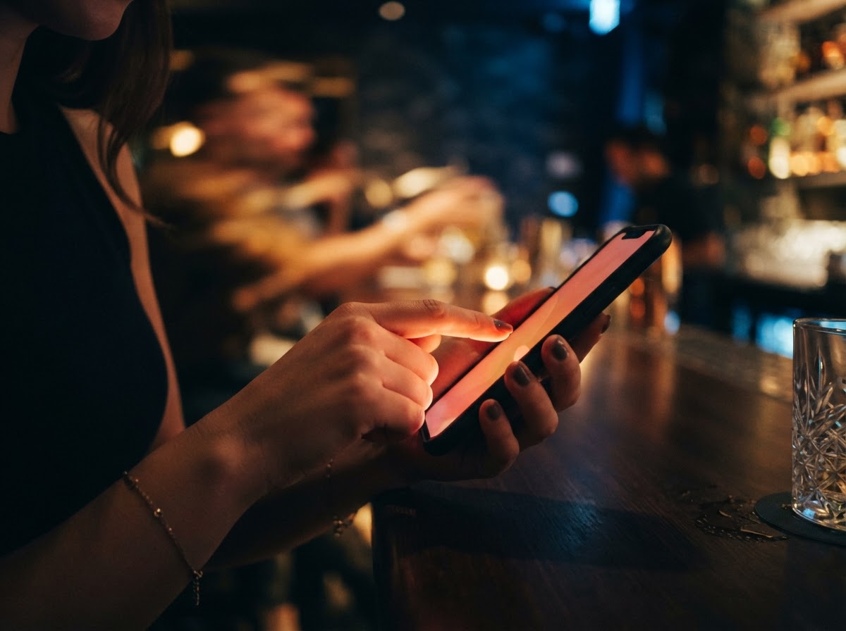 Hand tapping a smartphone in a dimly lit cocktail lounge