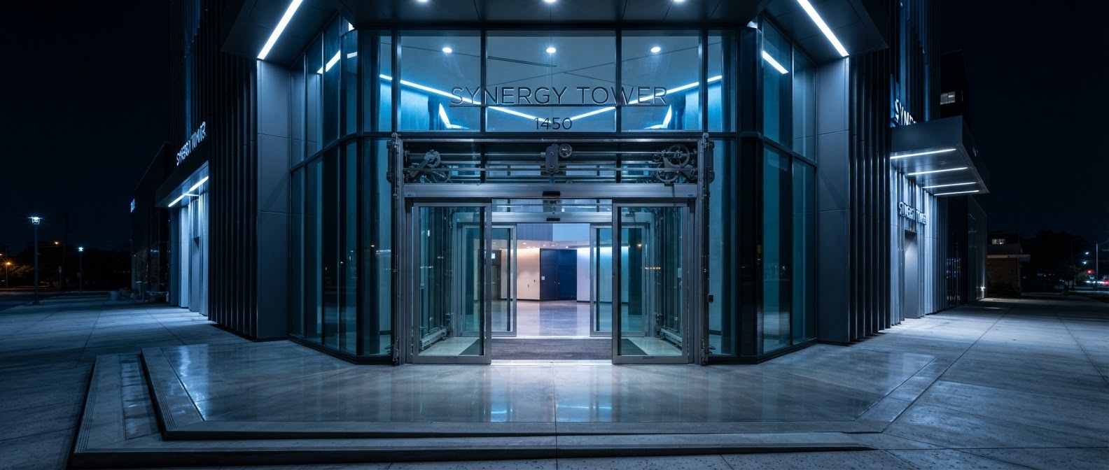Modern glass building entrance with automatic doors