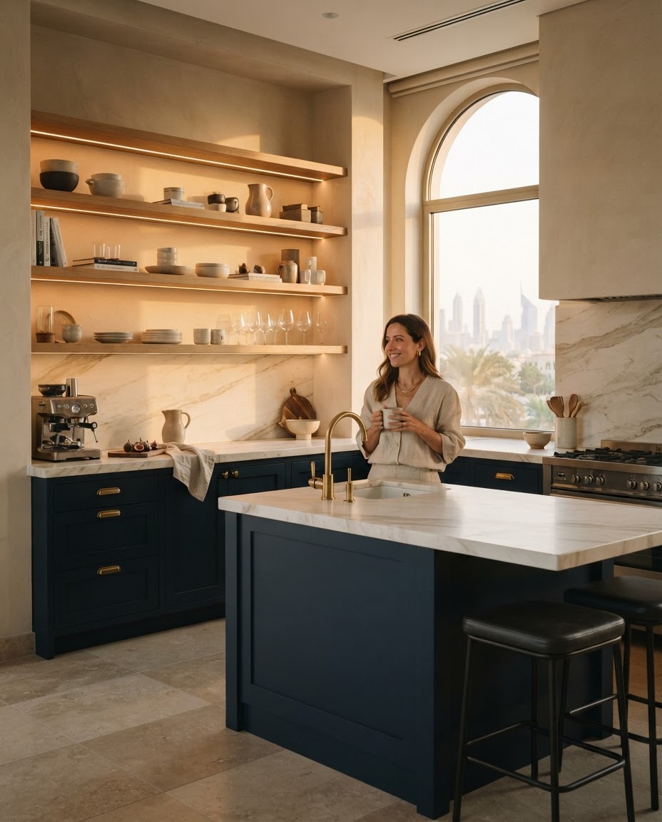 Warm sophisticated Dubai kitchen concept in golden hour light with a deep navy island and brass fixtures