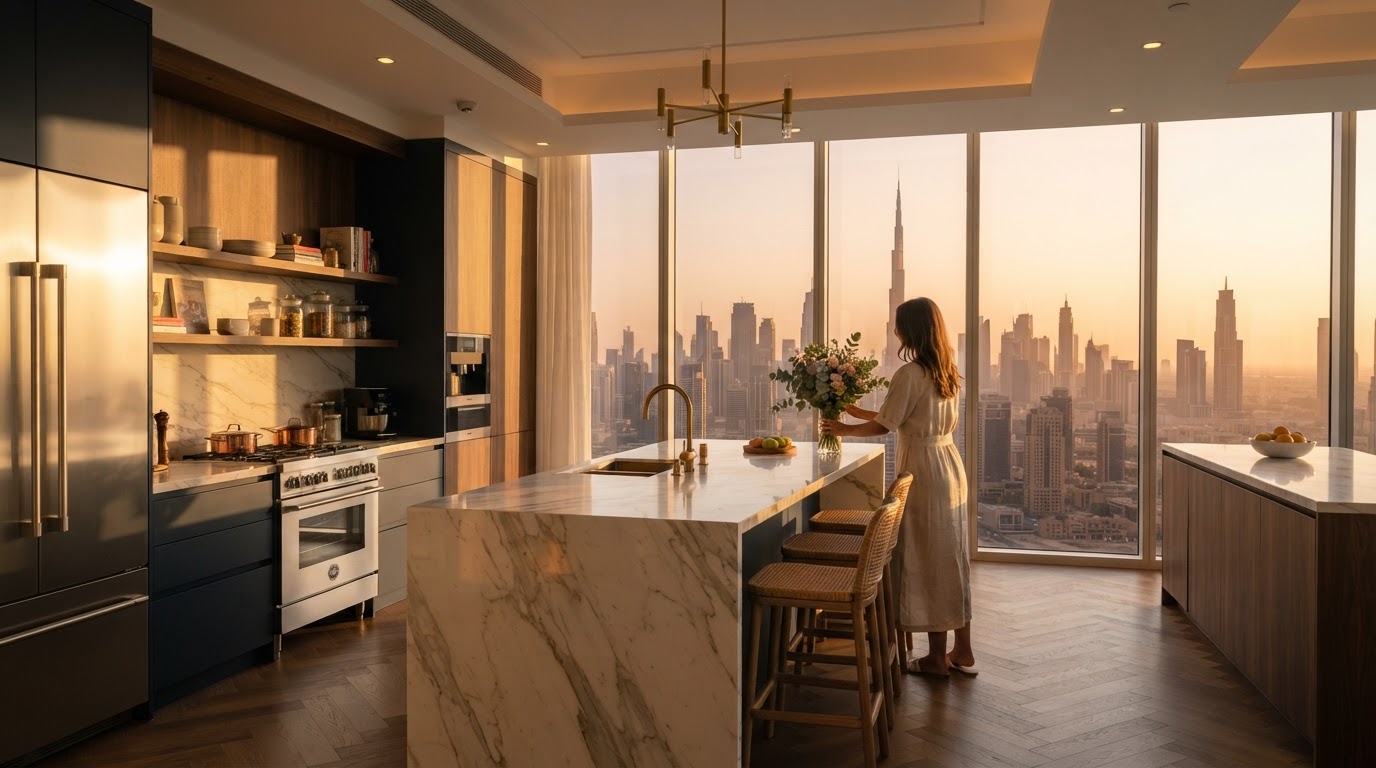 Interior view of a modern Dubai luxury kitchen at golden hour with warm ambient lighting and a skyline beyond floor-to-ceiling windows