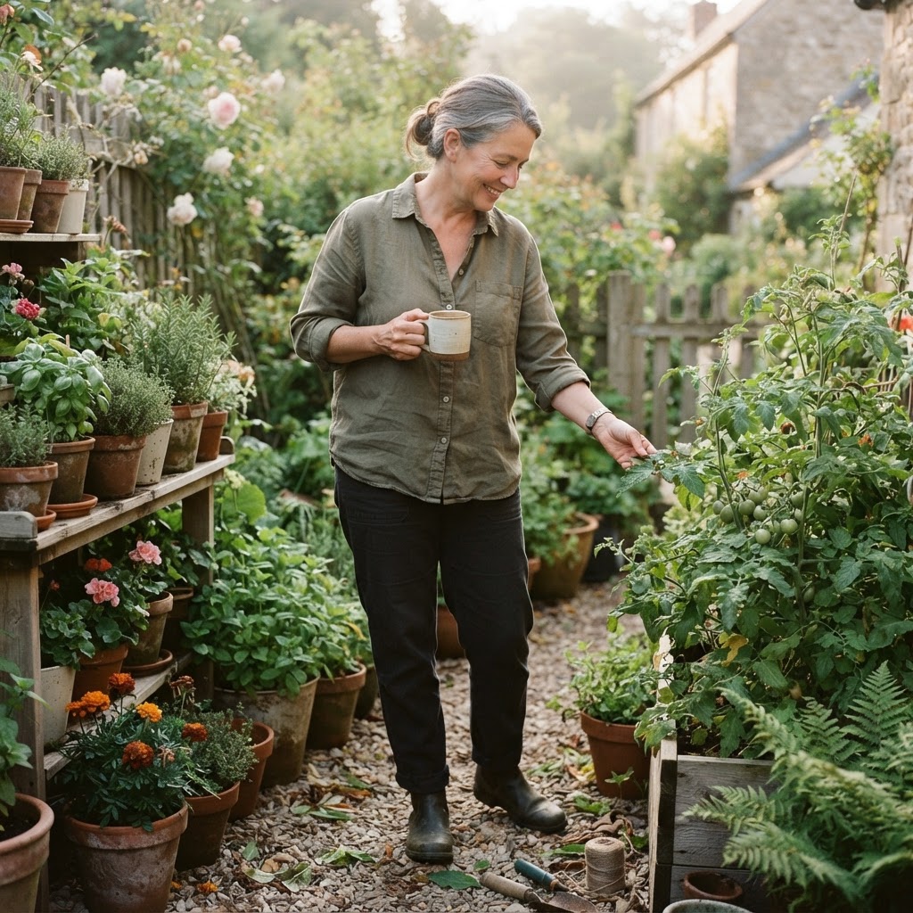 A gardener doing a calm quick ten-minute morning check of a container garden with a coffee cup