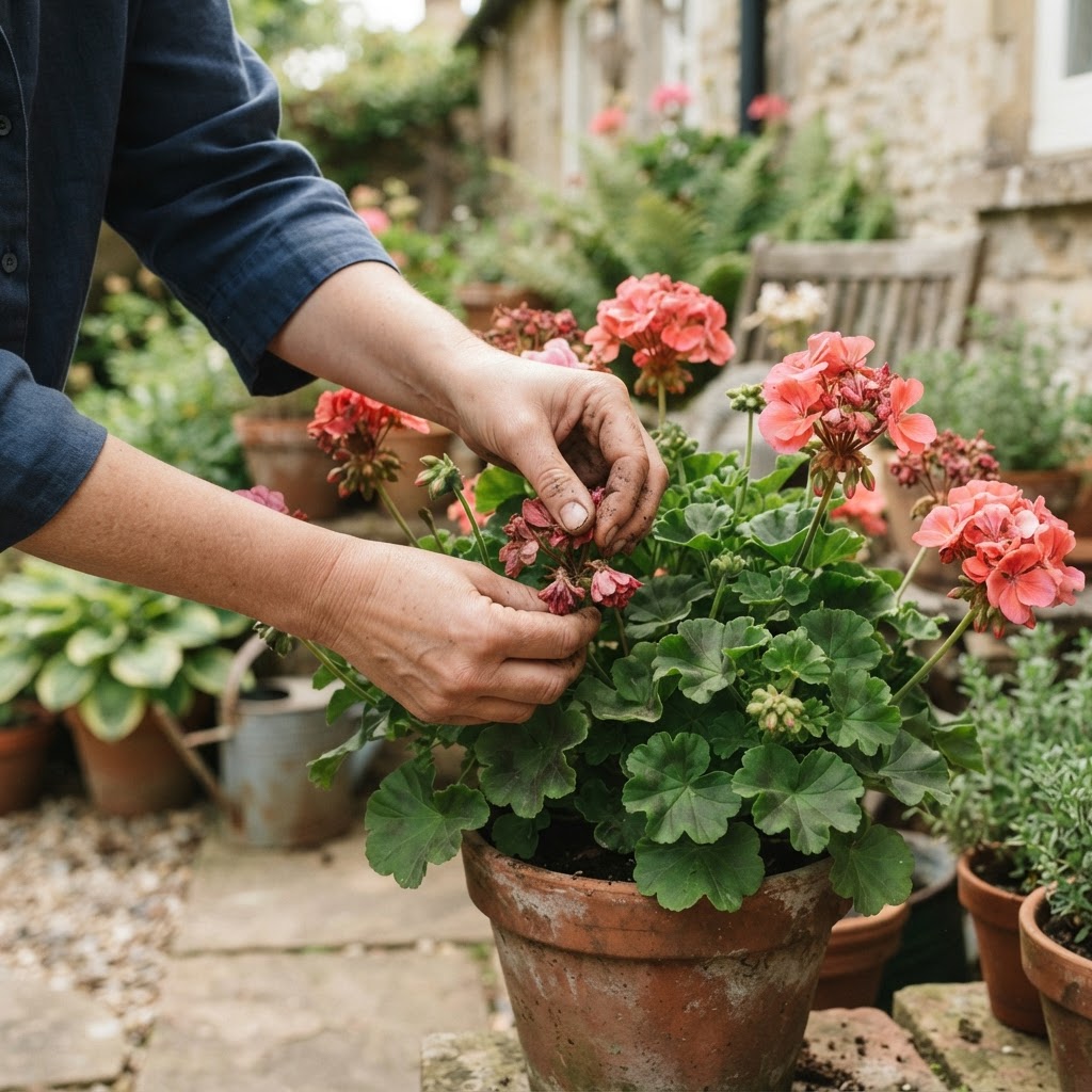 A gardener's hands deadheading a flowering pelargonium in a terracotta pot