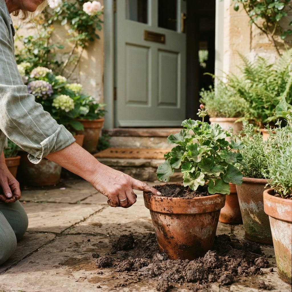 A hand gently touching moist soil around terracotta potted plants by a front doorstep