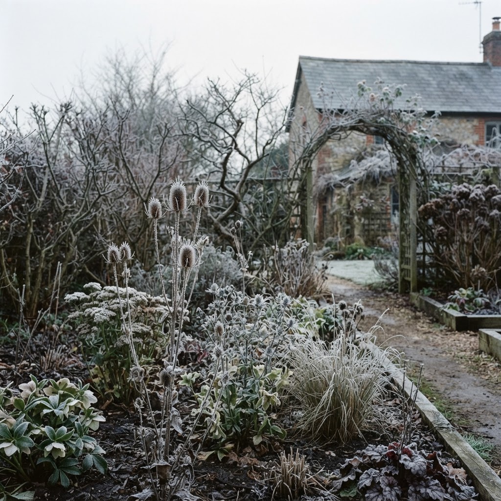 A quiet winter garden with frost-dusted seedheads left standing, bare structural shrubs behind